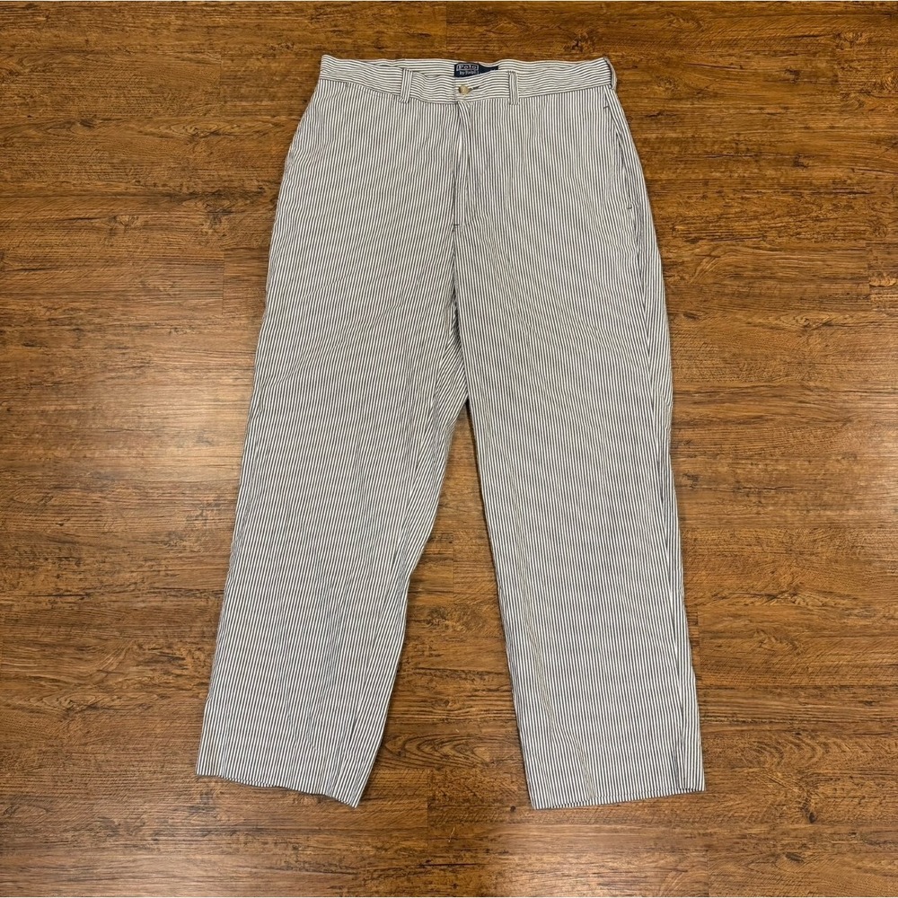 Vintage Polo‎ Ralph Lauren White Gray Striped Seersucker Phillip Pants Men 34x28